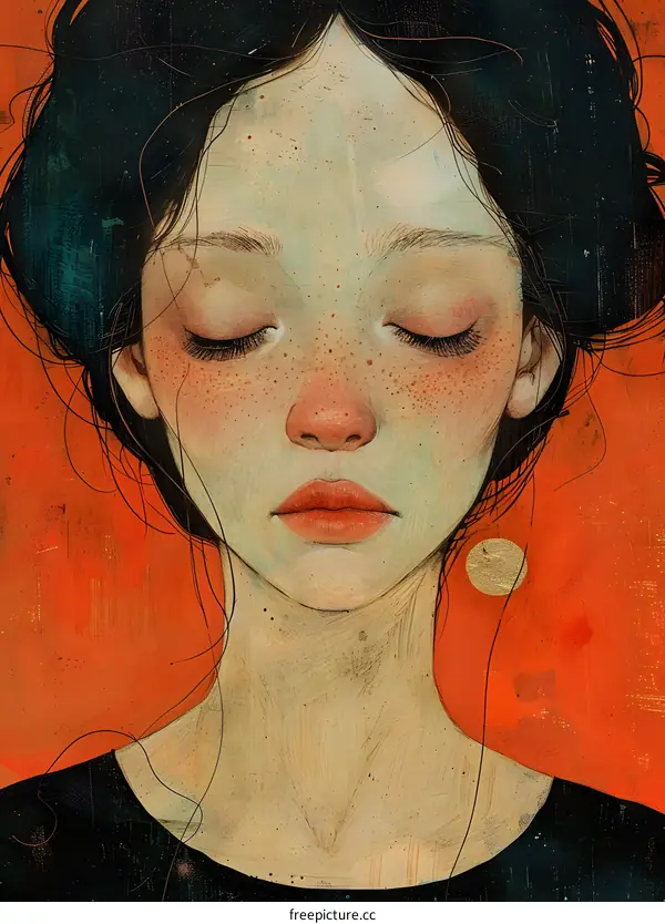 Woman with Closed Eyes and Freckles Against Orange Background