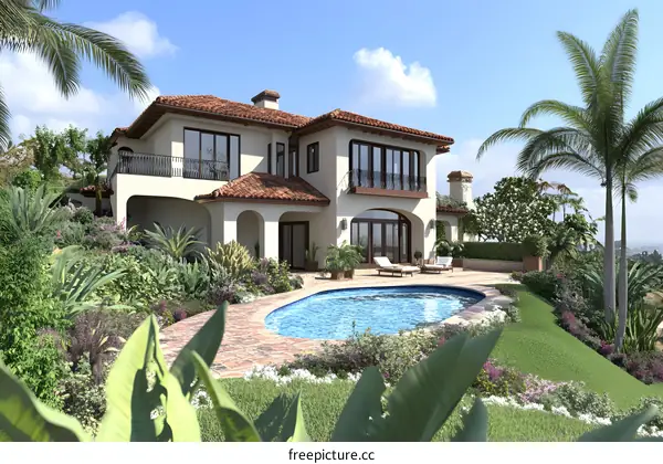 Luxury Villa with Swimming Pool and Palm Trees