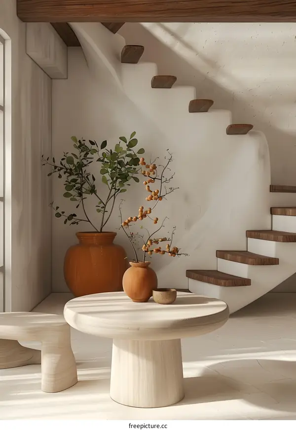 Minimalist Interior Design with Wooden Stairs and Plants