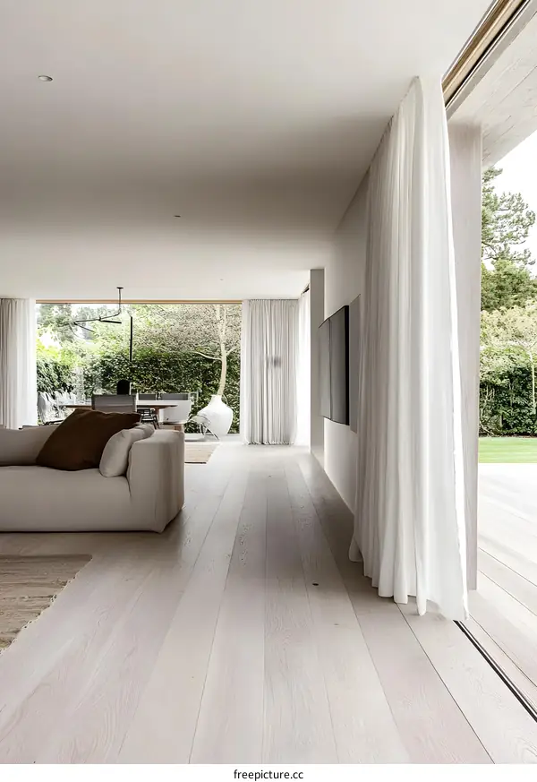 Modern Minimalist Living Room Interior Design with White Curtains and Wooden Floors