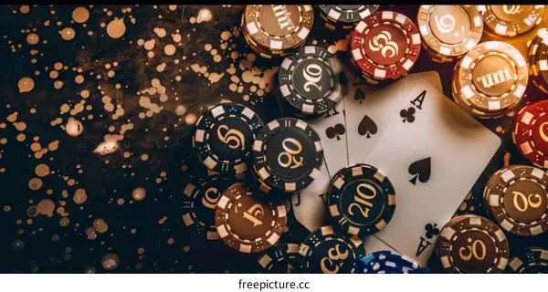 Blackjack Table with Scattered Casino Chips and Ace of Spades Card
