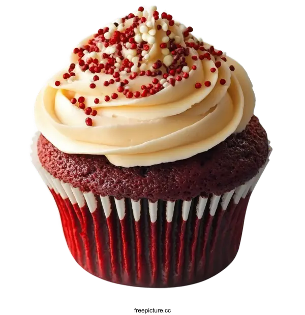 [Transparent Background PNG]Close Up Delicious Red Velvet Cupcake with Cream Cheese Frosting and Sprinkles
