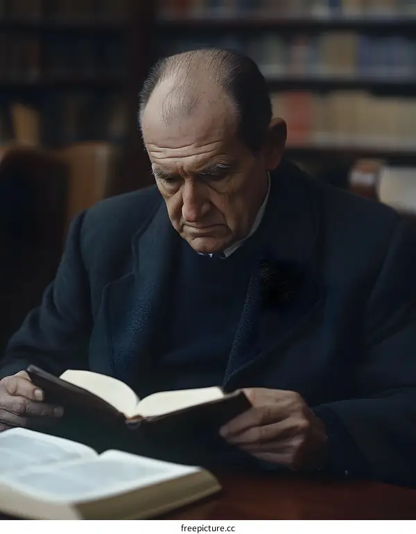 Elderly Man Reading Book in a Library