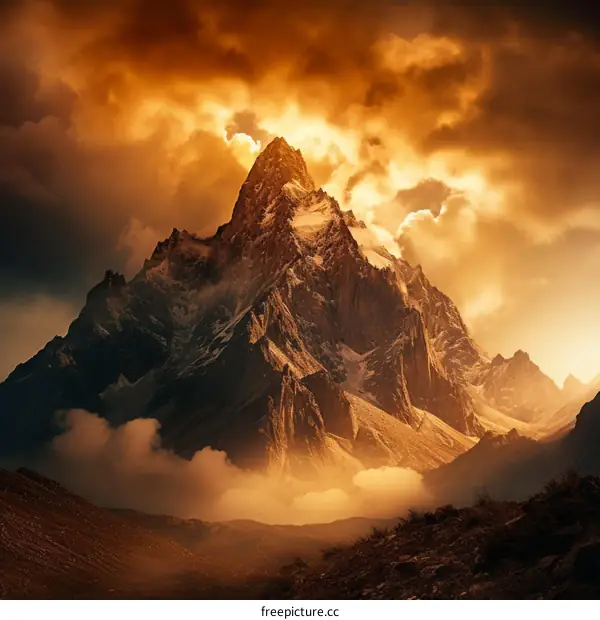 The summit of the mountain is shrouded in clouds and the sky is full of clouds