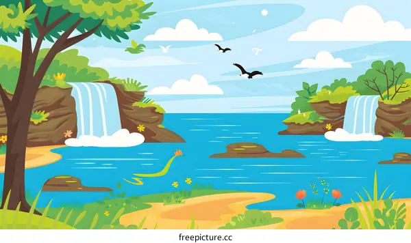 Waterfall Landscape Illustration with Green Trees and Birds