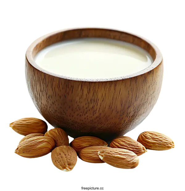 [Transparent Background PNG]Almond Milk in Wooden Bowl with Almonds