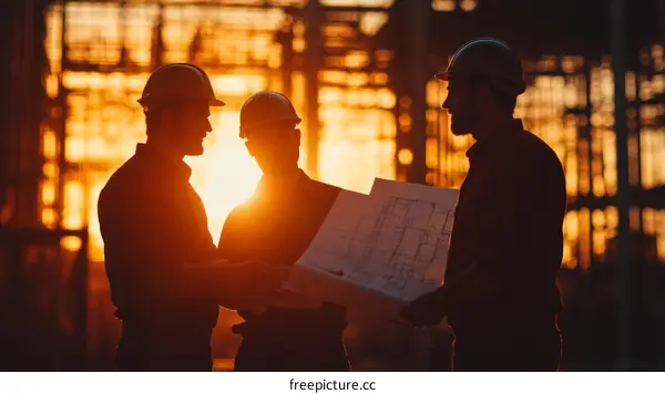 Construction Workers Reviewing Plans at Sunset