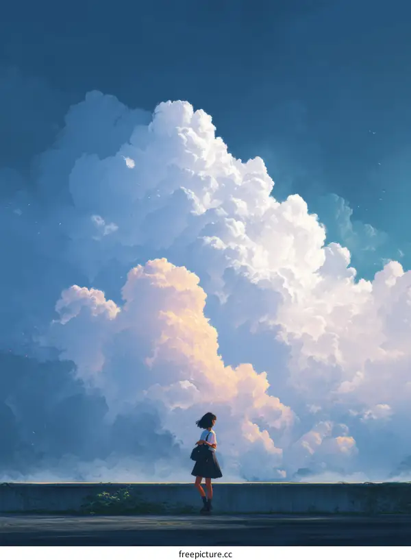 A Girl Contemplating a Sky of Cumulus Clouds