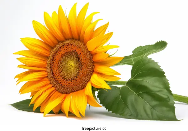 A Single Sunflower In Full Bloom With Its Leaves