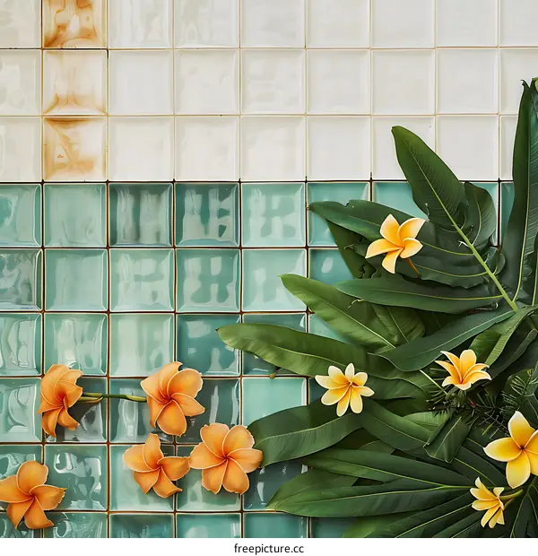 Tropical Flowers and Leaves on Green and White Tile