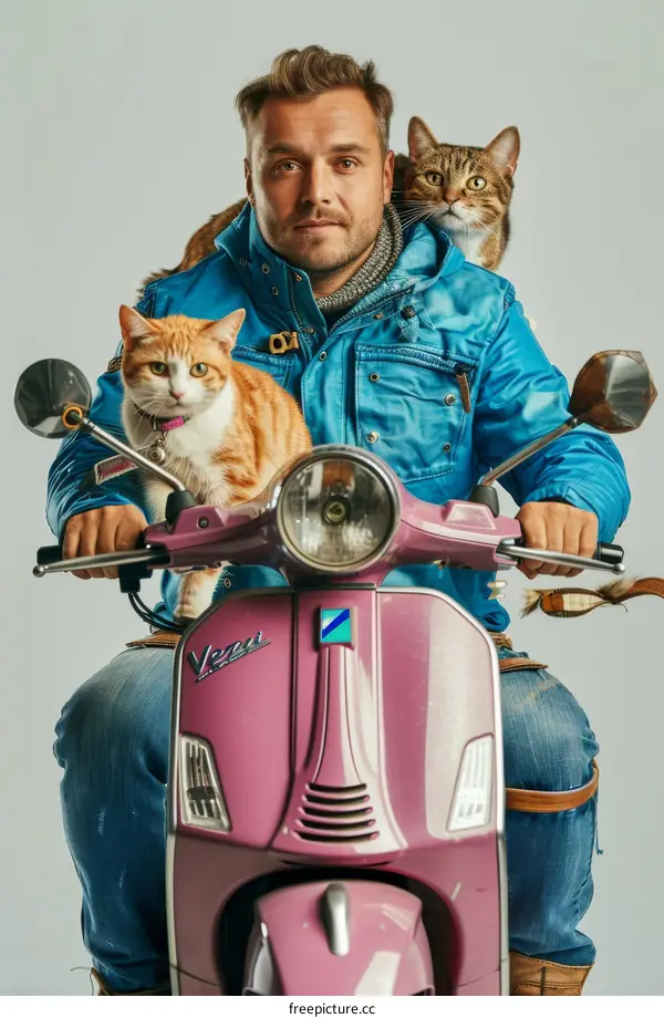 A Man with Two Cats on a Pink Motorbike