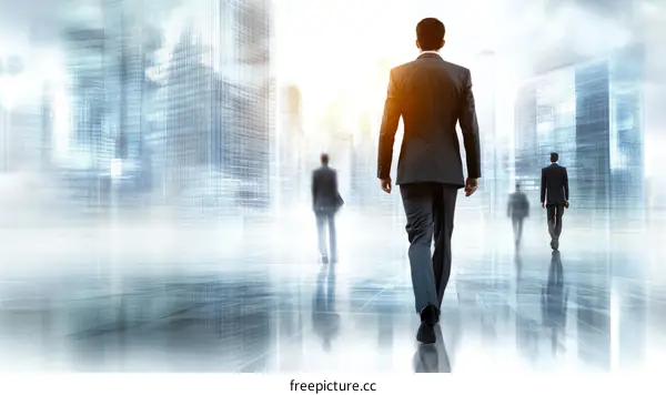 Business People Walking Towards Success in a Modern Cityscape