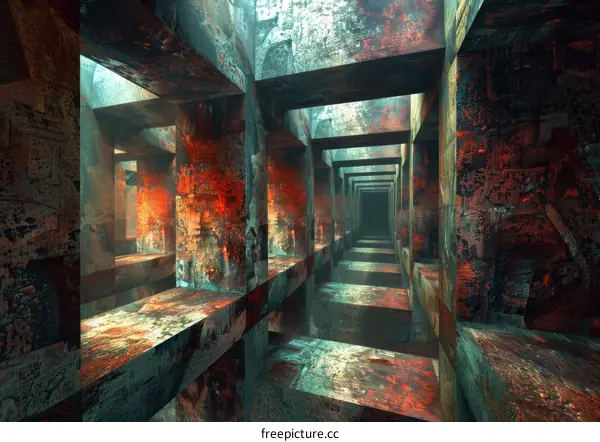 Rusty Metal Structure with Red and Blue Accents