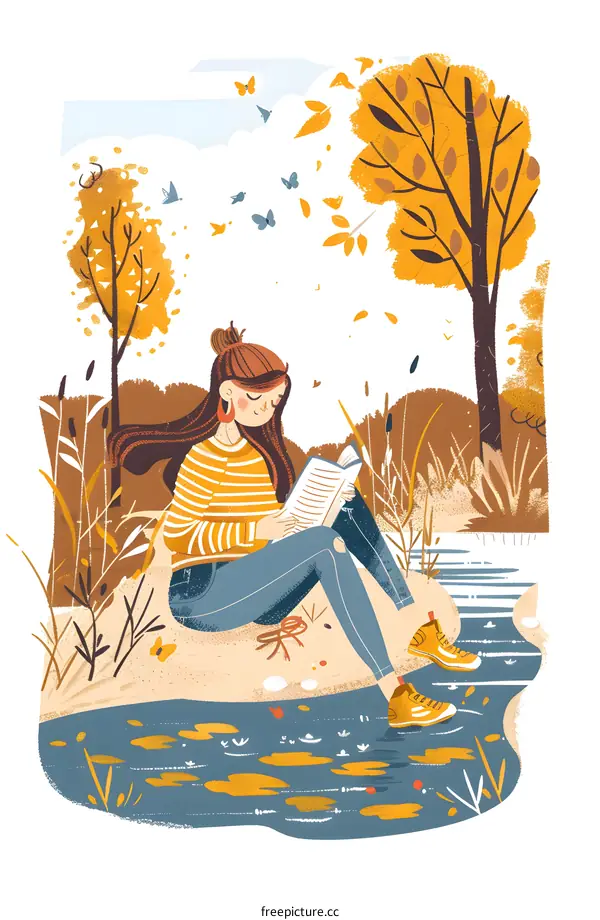Woman Reading Book by River in Autumn Illustration