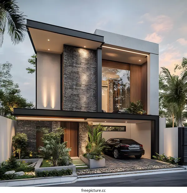 Modern House Exterior Design with Stone and Wood Accents