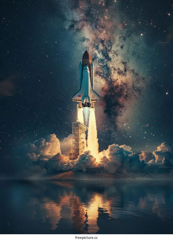 Space Shuttle Atlantis launching into the starry night sky