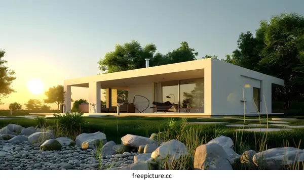 Modern Minimalist House Design with Large Windows and Surrounding Greenery