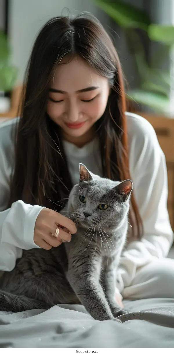 A young woman is sitting on a bed with a gray cat