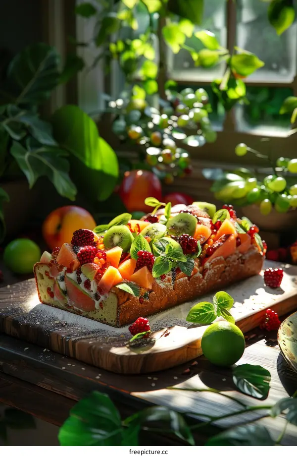 Freshly Baked Fruit Cake with Berries and Mint