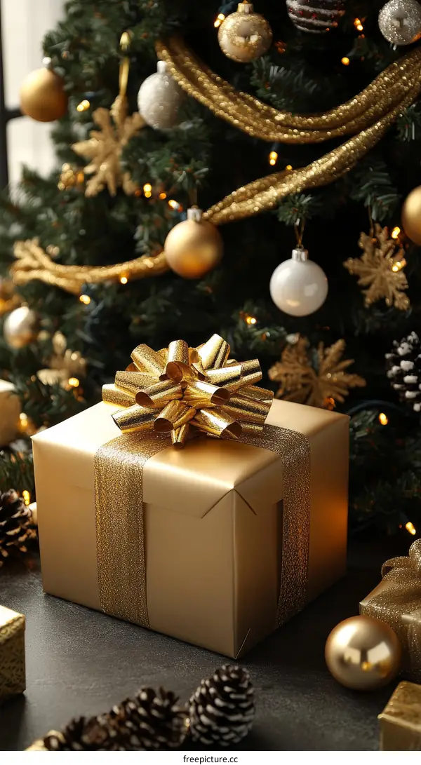 Golden Christmas Gift Box Decorated with Ribbon Bow