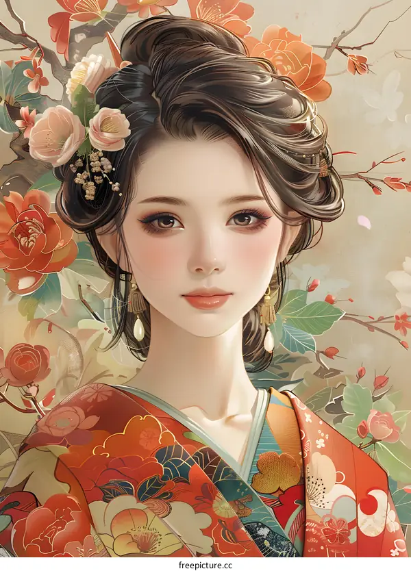 Beautiful Asian Woman in Traditional Kimono with Flowers in Her Hair