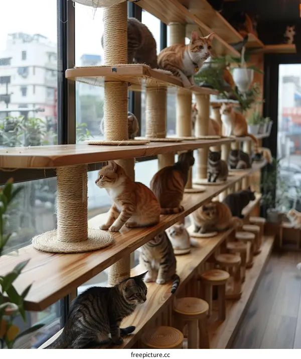 Cute Cats Sitting on Shelves in a Room