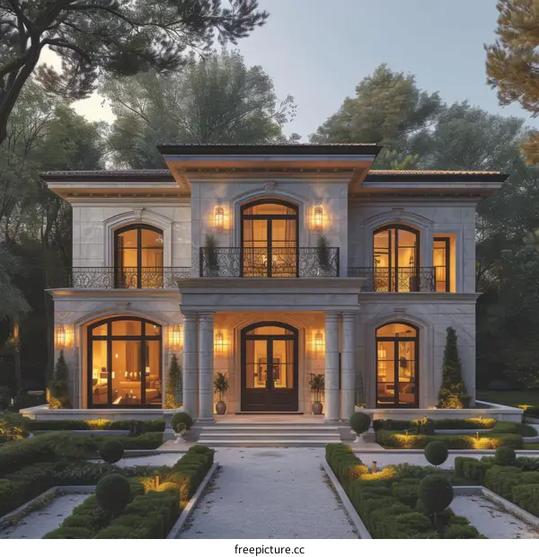 A magnificent two-story mansion with a grand entrance, surrounded by lush greenery and beautiful landscaping