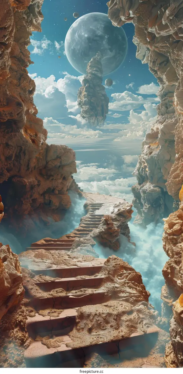 Surreal Landscape with Floating Rocks and Blue Moon