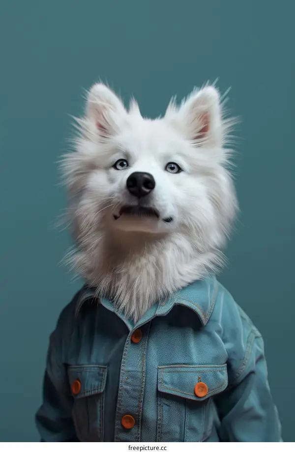 A white fluffy dog wearing a blue denim jacket
