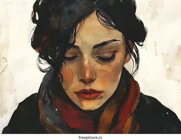 portrait of a young woman with dark hair and red scarf