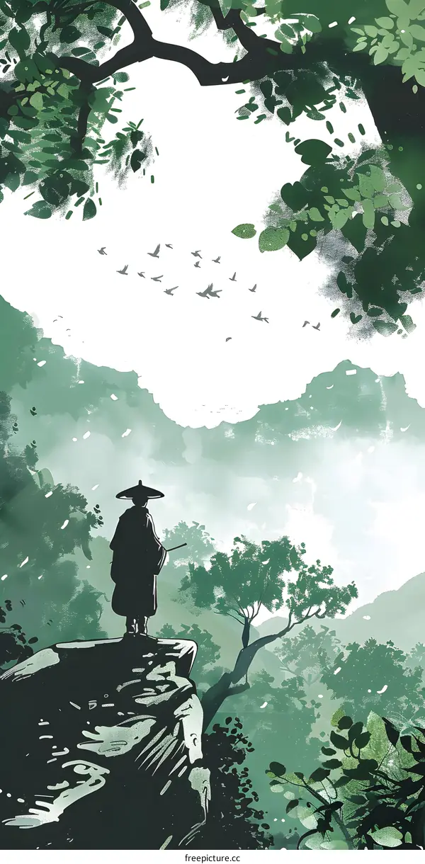 Man Standing on Clifftop in Mountain Landscape