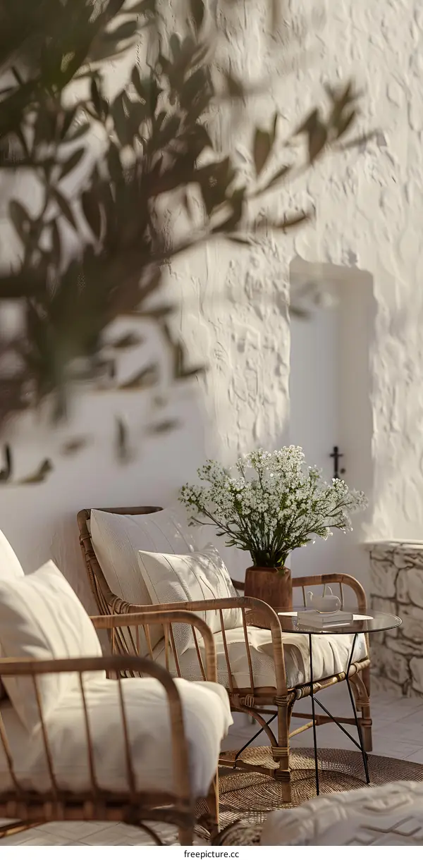 White Wall Patio With Rattan Chairs And White Flowers