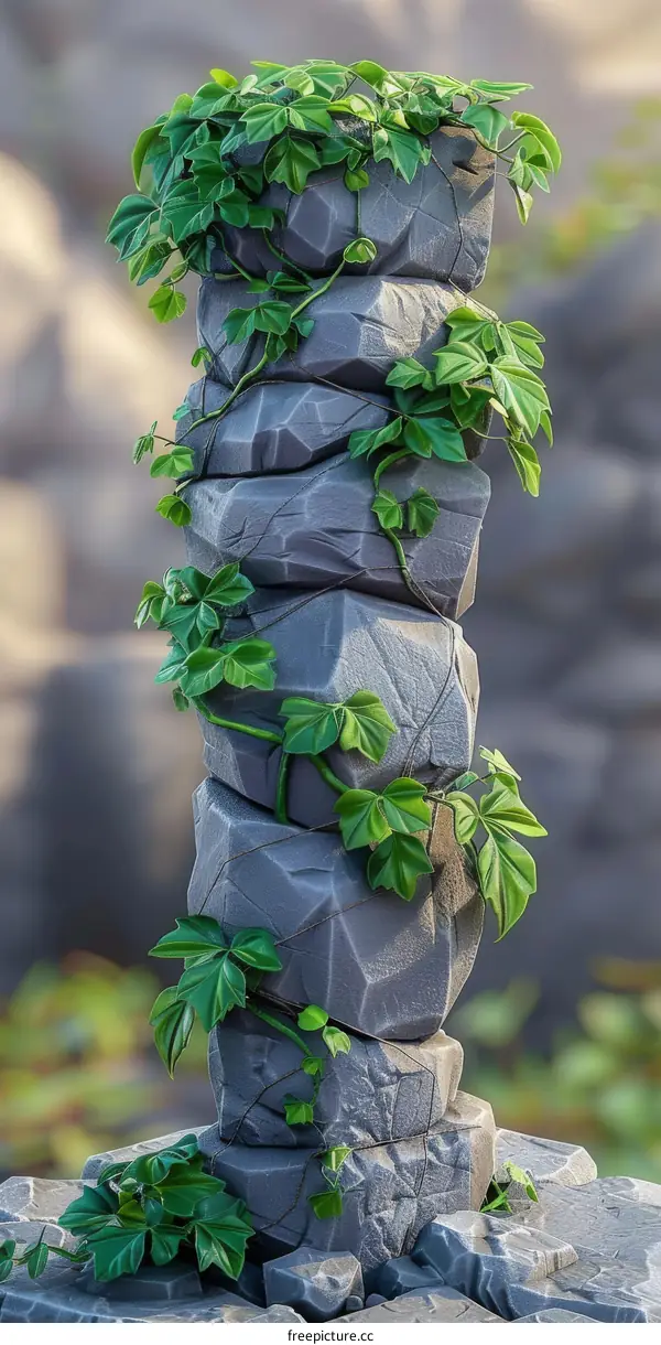 Green Vines Climbing on Stacked Gray Rocks