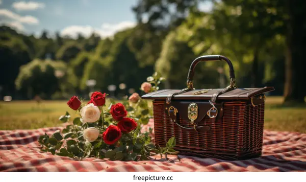 Picnic in the park with a beautiful bouquet of roses