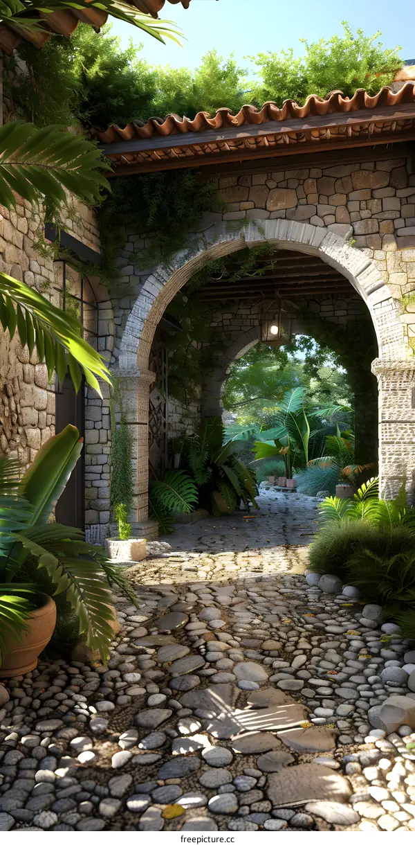 Stone Archway Pathway Leading to Lush Greenery