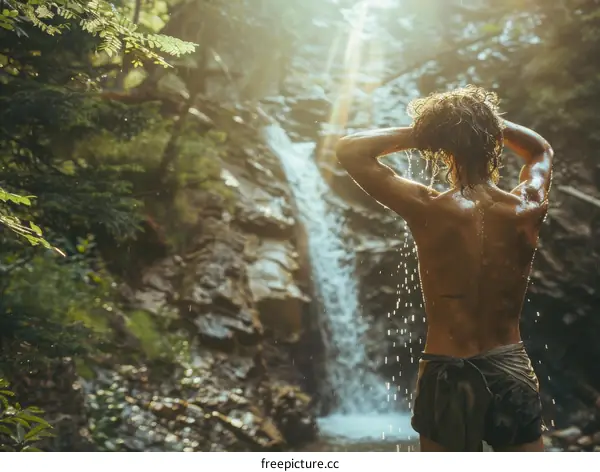 shirtless man standing with his back turned in front of waterfall