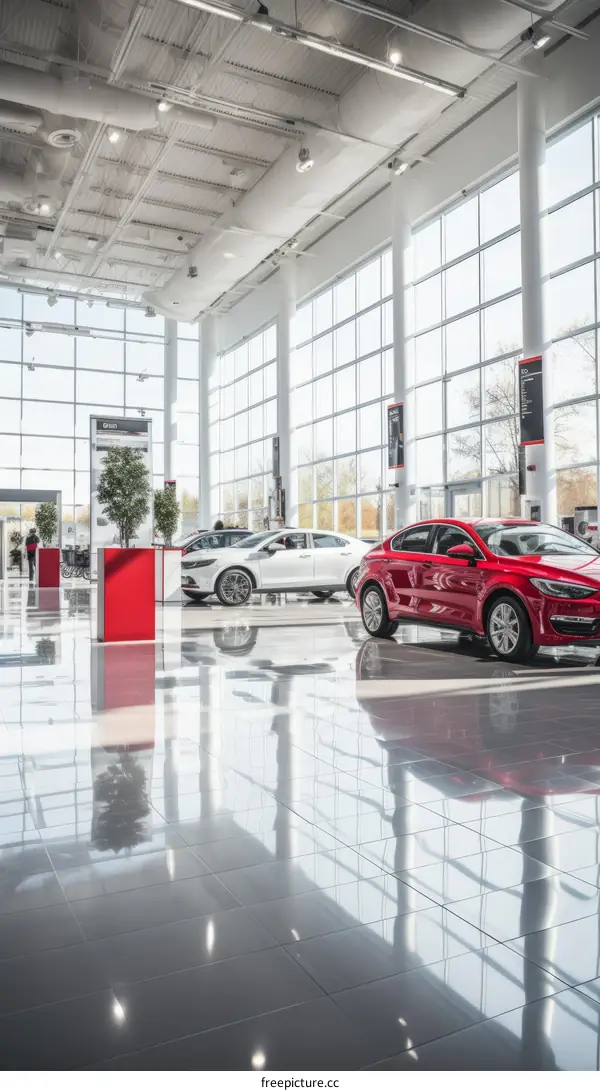Car dealership interior with large glass windows and shiny tiled floor