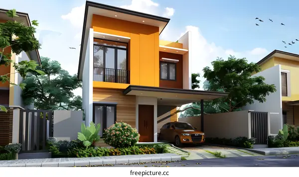 Modern Two Story Home Design with Orange Walls