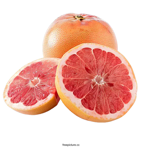 [Transparent Background PNG]Fresh Whole and Sliced Pink Grapefruit on White Background