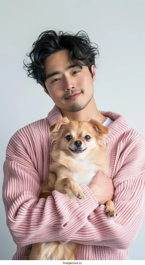 Asian man with beard smiling while holding a small dog