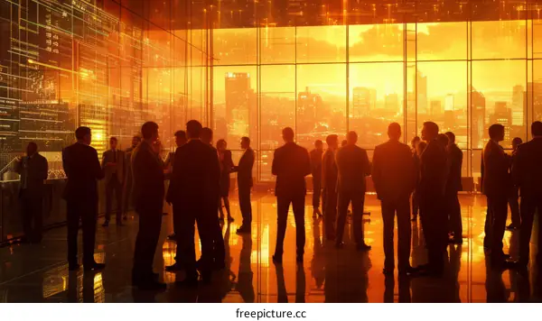 Business Professionals Collaborating in a Modern Office Space with Sunset Lighting