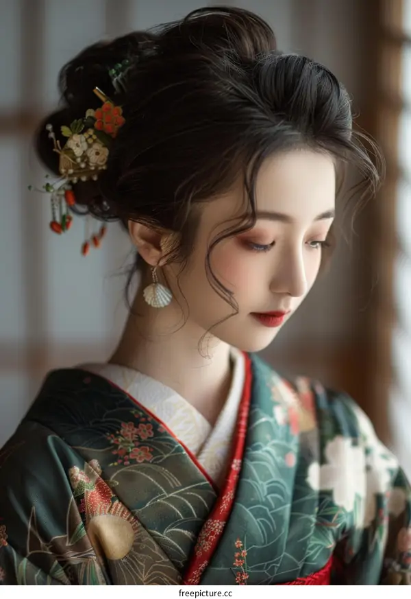 Portrait of a beautiful Asian woman in traditional Japanese kimono