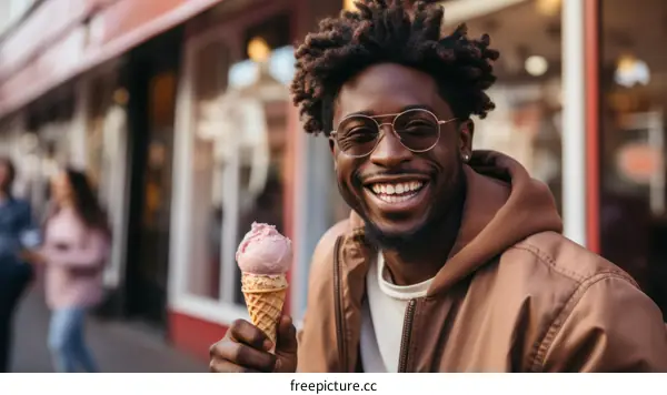 Happy African American man eating ice cream on the street