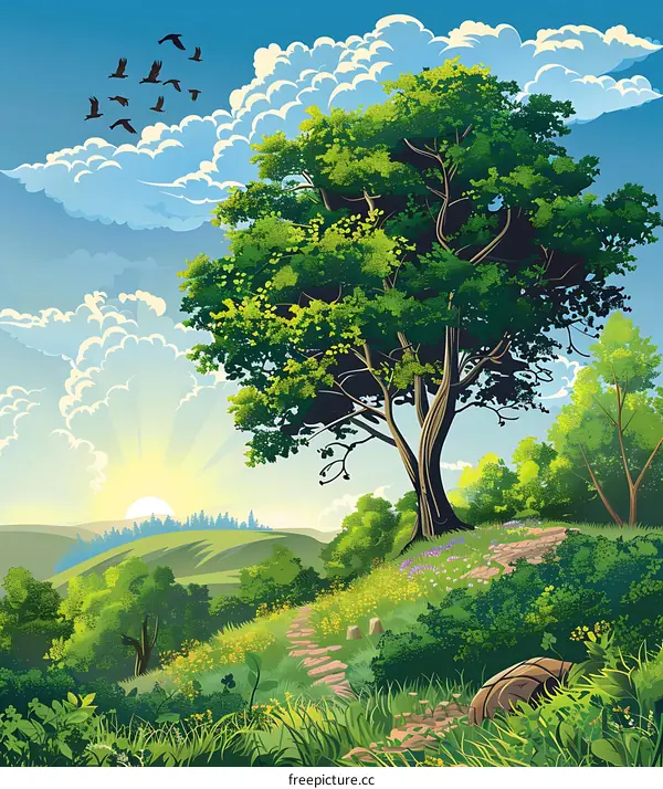 Green Tree in the Meadow and the Blue Sky