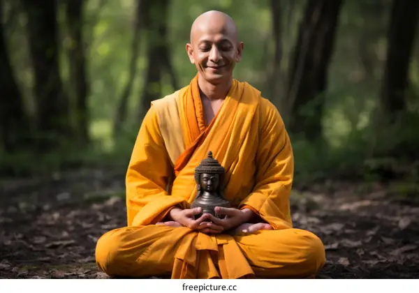 Buddhist monk in meditation pose holding a Buddha statue