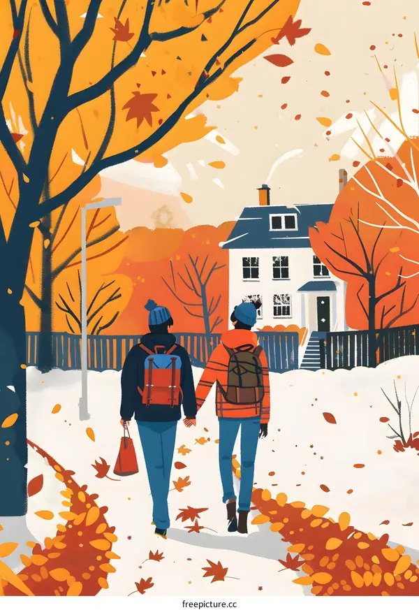 Autumn Couple Walking by House in Snow