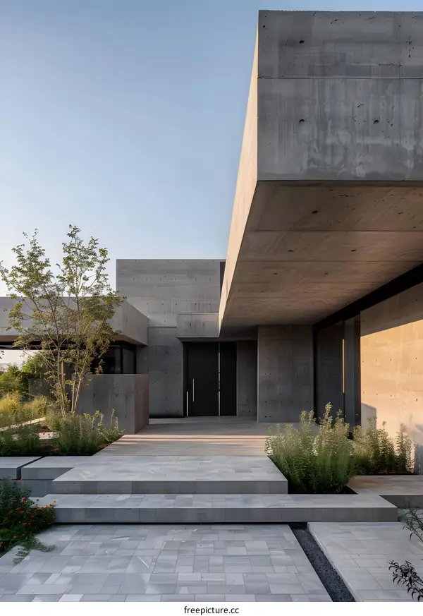 Modern Concrete House Entrance with Steps and Landscaping
