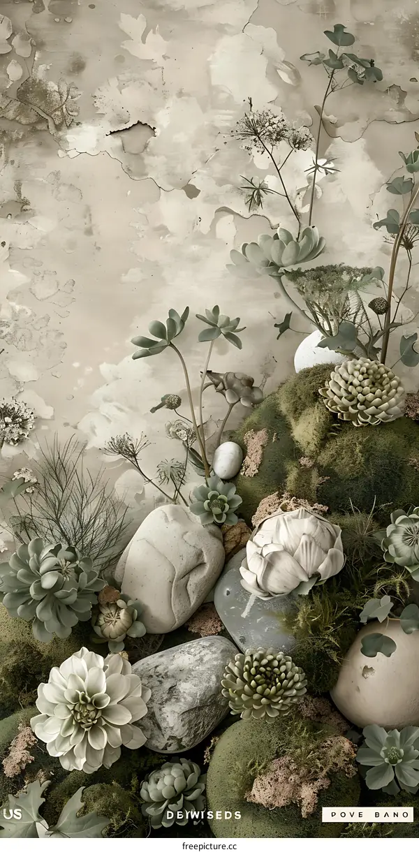 Vintage Rustic Floral Background With Stones and Moss