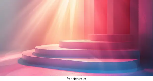 Blue and Pink Podium Display with Glowing Lights from Above