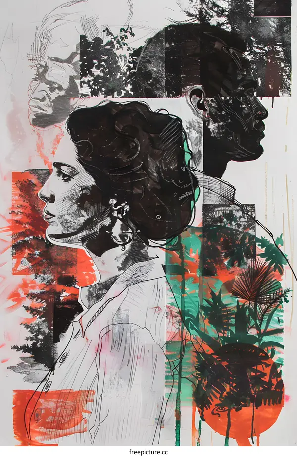 Abstract Collage Portrait of Woman with Green and Orange Background